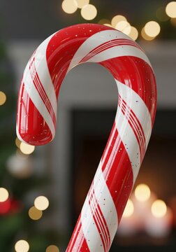 Macro Shot of Red and White Striped Candy Cane on Bokeh Background