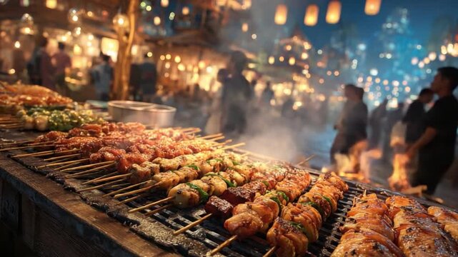 Gastronomic Night Market: An enticing display of grilled food skewers at a bustling night market, illuminated by soft lights and hinting at the aromas and festive ambiance.