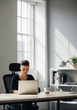 Woman Working on Laptop at Bright Desk by Large Window