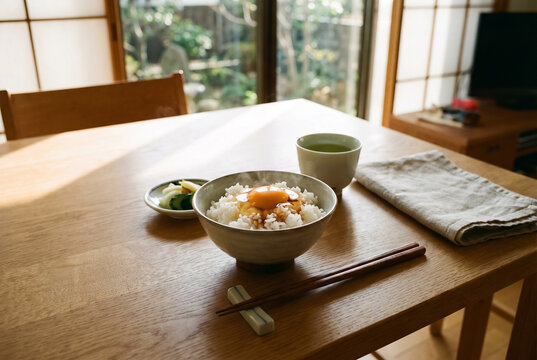 Tamago Kake Gohan With Green Tea On Wooden Table Warm Light
