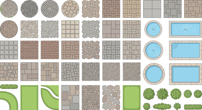 Vector architectural plan textures set, paving materials gravel brick stone asphalt grass pools and landscape symbols for site plans urban planning and landscape design CAD style