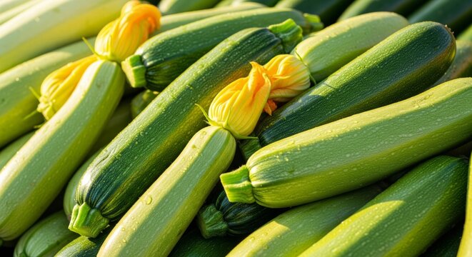 Pile of Fresh Green Zucchinis and Yellow Flowers Close Up