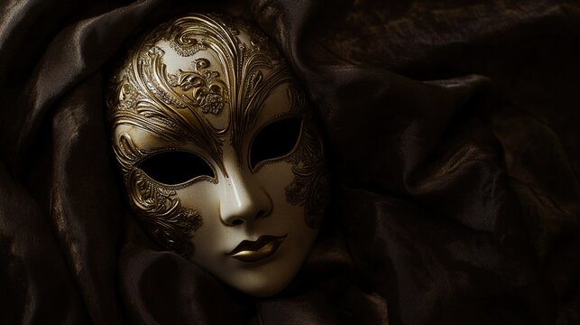 amrit. Ornate Venetian mask resting on dark velvet fabric, soft light highlighting its decorative details. event programs, museum guides, designed for cultural heritage projects and event programs.