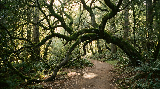 Gnarled ancient oak tree with mossy branches arching over a forest path bathed in dappled sunlight