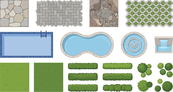 Vector landscape CAD plan elements, paving textures stone brick gravel pools grass trees shrubs and water features for site plans garden layouts and urban landscape design