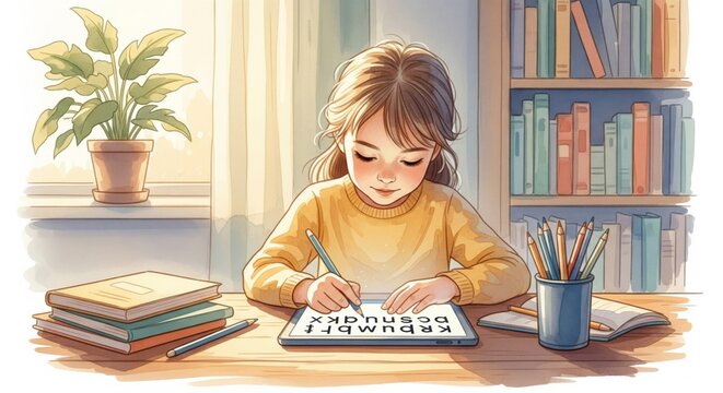 Girl in Yellow Sweater Studying at Desk with Books and Pencils