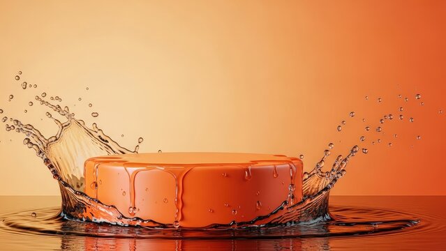 A bar of soap is splashing into water with a vibrant orange background