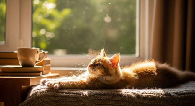 Ginger Cat Sunbathing on Knitted Blanket By the Window