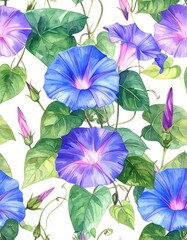 A vibrant watercolor pattern depicts morning glory vines with large, trumpet-shaped blooms of vivid blues and purples