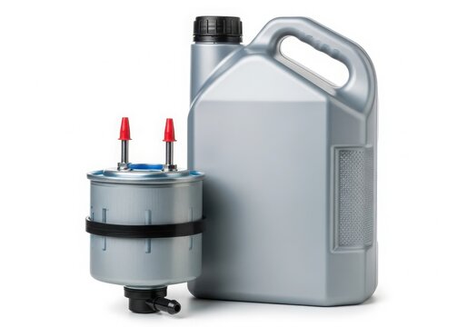 An oil filter and a container of motor oil placed next to each other.