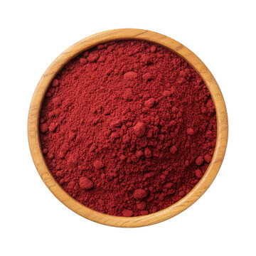 Red beetroot powder in a wooden bowl isolated on a transparent background