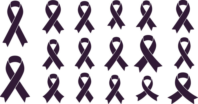 Collection of purple awareness ribbons symbolizing support for various causes like cancer and domestic violence.