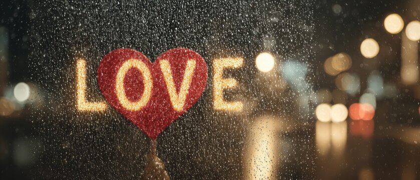 Romantic love sign reflected in rainy night window urban environment mood lighting heart concept