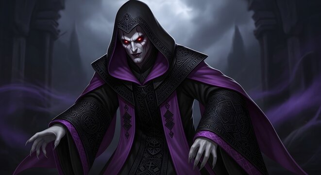 Enigmatic dark lord with piercing red eyes and flowing robes emanates a powerful, malevolent aura in a shadowy gothic realm, embodying ancient magic and sinister power