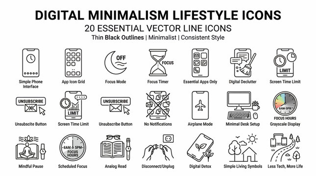 Digital minimalism and lifestyle icons isolated on transparent background, outline style for technology detox design