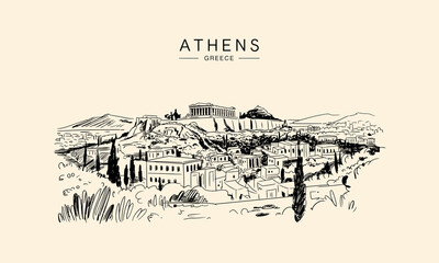 Naklejka premium Athens Greece Acropolis and Cityscape Sketch Drawing Parthenon