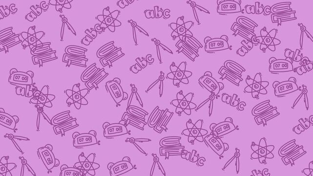 School supply doodle artwork with books, atom, clocks on lilac background suitable for educational designs, schoolthemed projects, and stationery.