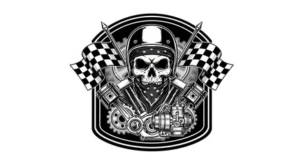 Aggressive skull wearing a biker helmet surrounded by crossed checkered racing flags and engine parts, embodying motorcycle culture, speed, and rebellion on an isolated white background. © rofiq