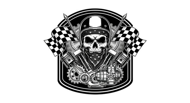 Aggressive skull wearing a biker helmet surrounded by crossed checkered racing flags and engine parts, embodying motorcycle culture, speed, and rebellion on an isolated white background.