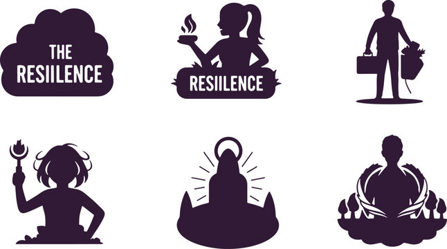 Resilience symbols including cloud banner and figures overcoming challenges positive outlook strength inner power.