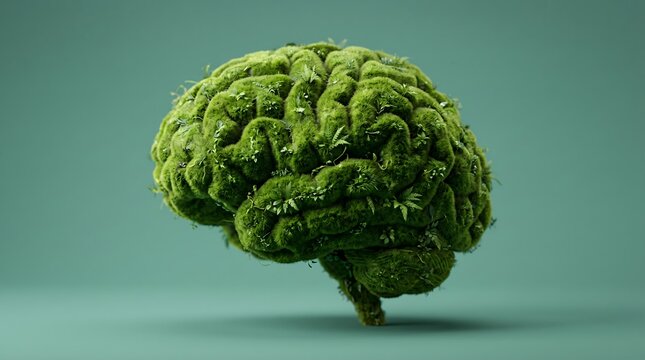 A green brain covered in moss on a teal background with shadow