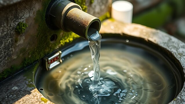 wellhead. Close-up of an ancient mossy stone wellhead with water flowing into a basin. real-estate listings.