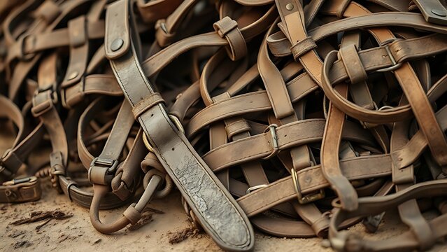 unusable. Pile of worn leather horse harnesses, cracked textures and rusted fittings. event key visuals, club posters, designed for sports event promotions and stadium branding.
