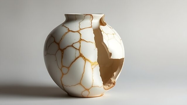 bennington. Shattered ceramic vase repaired with golden lacquer, kintsugi art on simple background. event programs, museum guides, designed for cultural heritage projects and event programs.