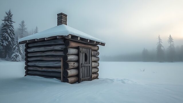blockhouse. Square log blockhouse isolated in a snow-covered wilderness, soft winter light, desolate landscape. travel magazines, destination branding, designed for travel destination branding.