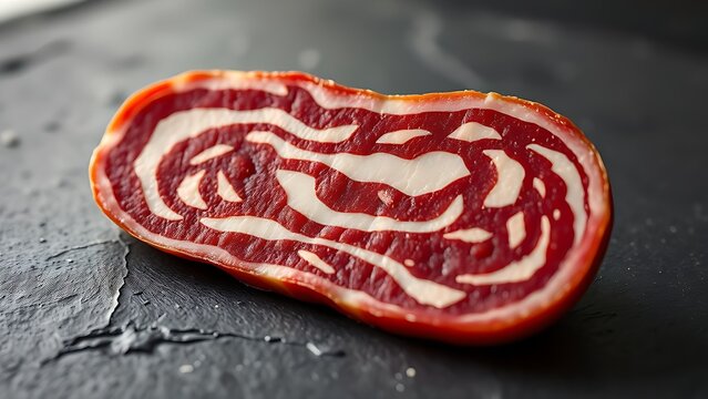 asceticism. A single slice of salami with marbled fat on a dark slate surface. menu design, packaging mockups, designed for food delivery and cloud-kitchen brand materials, inspires cooking.