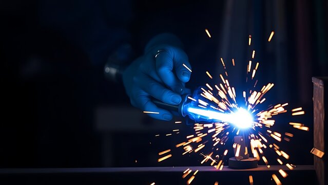 brazing. A brazing torch casting blue-white light and sparks on metal in a dim workshop. safety posters, maintenance manuals, designed for industrial assembly lines and welding operations.
