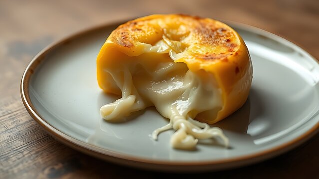 scamorza. A close-up of a piece of warm, melted scamorza cheese with a soft interior. menu design, packaging mockups, designed for food delivery and cloud-kitchen brand materials.