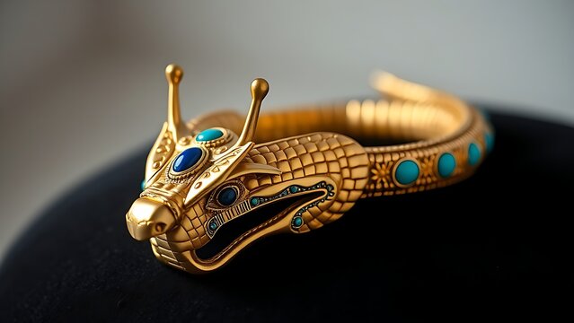uraeus. Detailed golden cobra crown with turquoise inlays resting on black velvet. event programs, museum guides, designed for cultural heritage projects and event programs, used by recruiters.