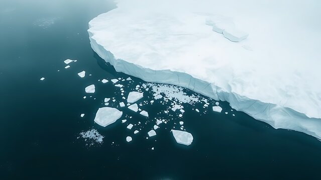 indelible. Large glacier calving into a calm sea, aerial view of ice fragments drifting apart. ESG reports, sustainability campaigns, designed for sustainability communications and ESG reporting.