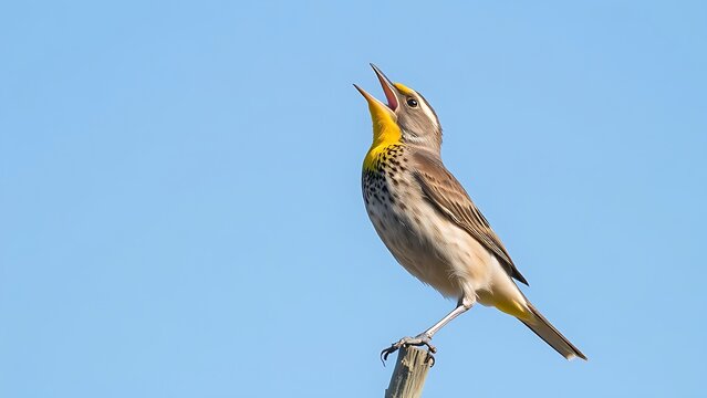 skylark. A skylark singing in a clear blue sky, its beak open in a melodious trill. wildlife magazines, conservation campaigns, designed for nature documentaries and education.