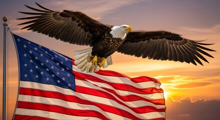 Naklejka premium Memorial day tribute majestic bald eagle soaring before the american flag