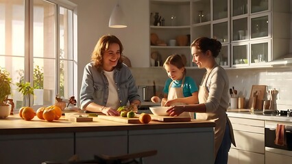 Fototapeta premium Family Cooking Together in Kitchen Showcasing Teamwork and Happiness with Bright Interior Lighting