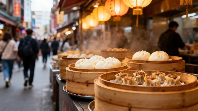 Street food market with steaming dumplings
