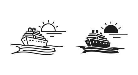Cruise ship silhouette set outline and solid styles, sunset ocean white background © pixostudio