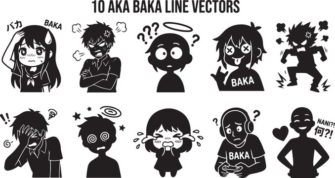Anime Character Expression Vector Set Featuring Funny Baka Silhouettes Manga Style Emotional Reactions Angry Crying Confused And Shocked Faces Collection.