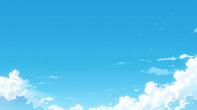 青空を羽ばたく鳥の群れと白い雲の爽やかな背景素材
