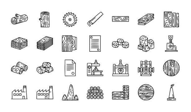 Timber wood 15 icon set lumber plywood industry outline vector