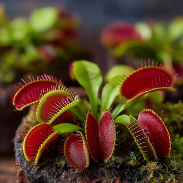 Several Venus flytrap plants display their red traps.