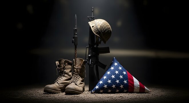 Solemn memorial day remembrance honoring fallen heroes with american flag and military boots
