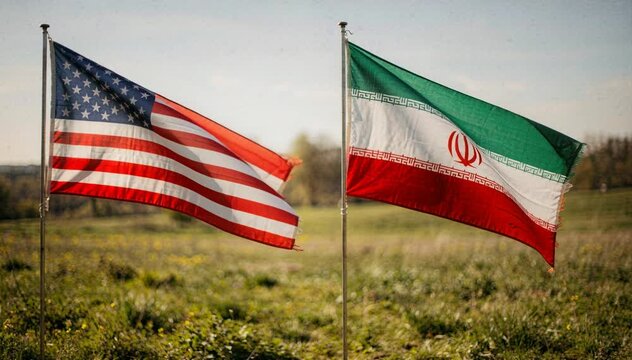 American and Iranian Flags Waving Side by Side Outdoors