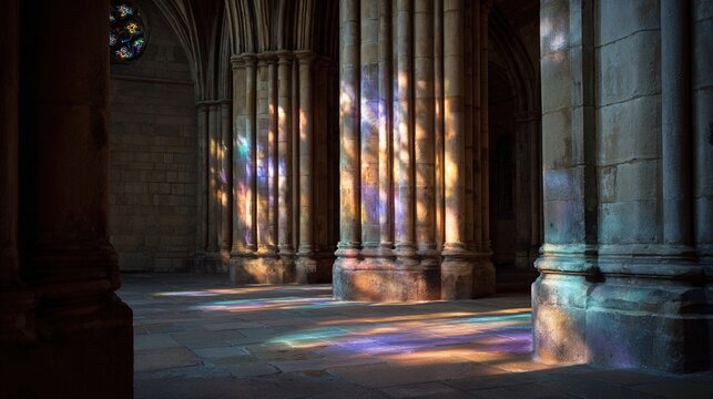 vault. Rainbow light from stained glass illuminating cathedral pillars. event programs, museum guides, designed for cultural heritage projects and event programs, preserves heritage.