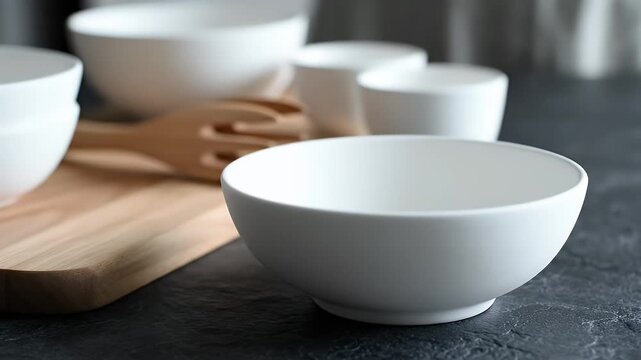White ceramic bowls on a wooden board, kitchenware, food preparation.