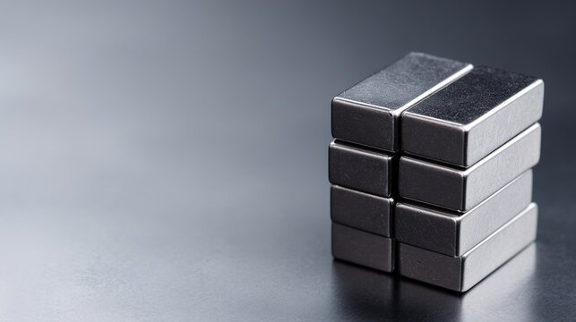 ferromagnetic. A solid cube formed by powerful silver-gray magnets on a plain background. STEM education sheets, lab safety posters, designed for biotech research communications.