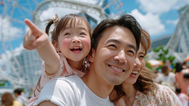 Gl&uuml;cklicher asiatischer Vater mit lachender Tochter auf den Schultern im Freizeitpark