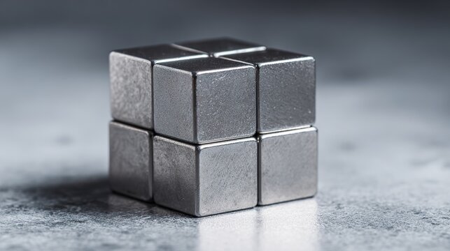 ferromagnetic. A solid cube formed by powerful silver-gray magnets on a plain background. STEM education sheets, lab safety posters, designed for biotech research communications.